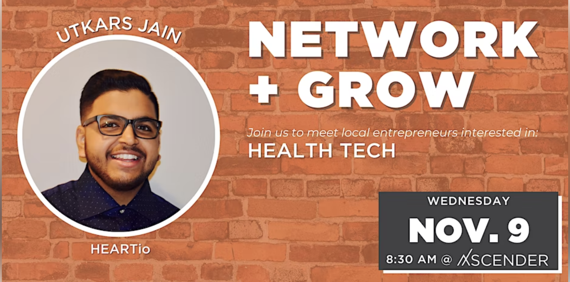 Network and Grow image with brick background and headshot of HEARTio speaker