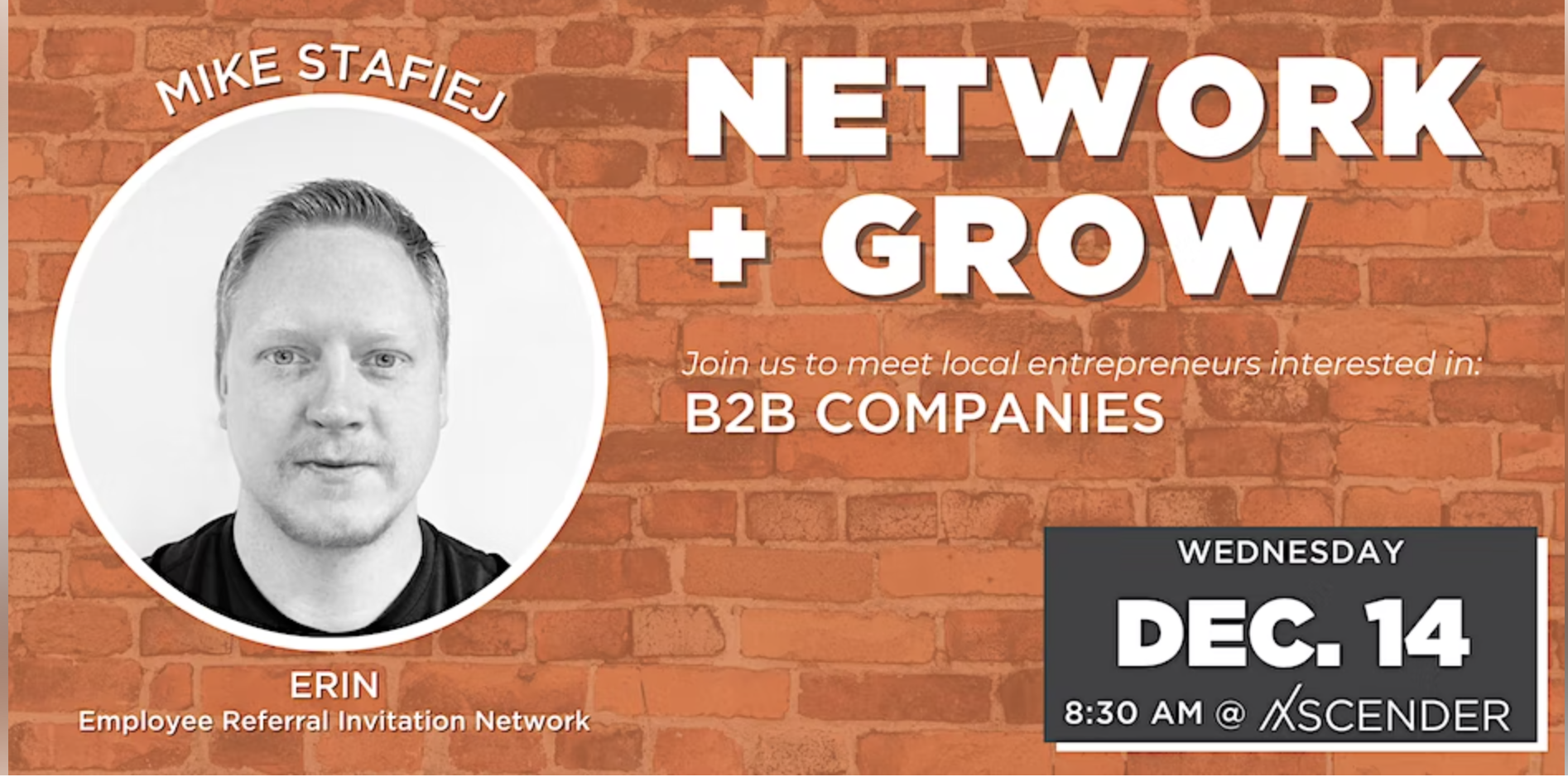 Network + Grow with brick background and headshot of guest speaker
