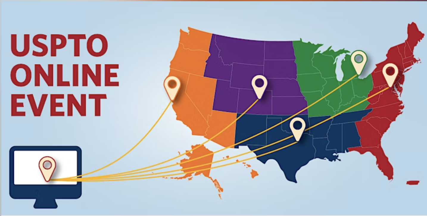 Map of USA and computer screen for USPTO Online Event