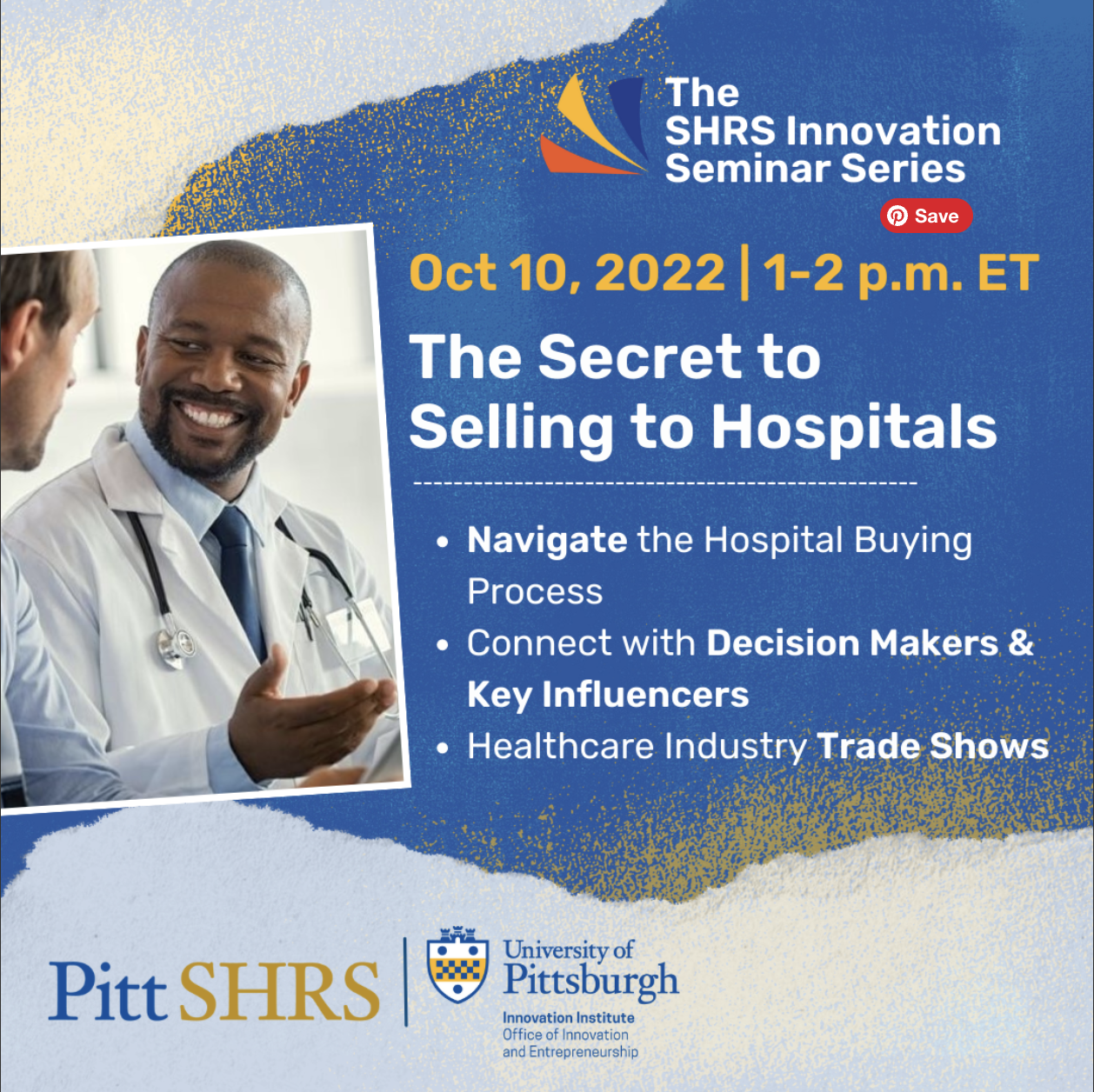 Secret to Selling to Hospitals event flyer with tips and date and time