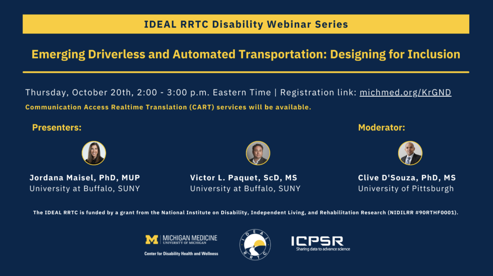 IDEAL RRTC Webinar information with 3 headshots of speakers
