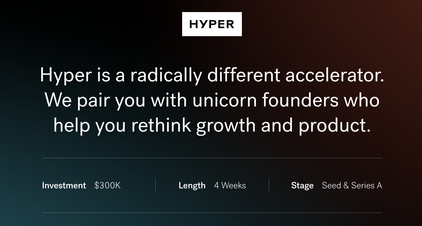 Hyper Accelerator. A radically different accelerator. $300K, 4 weeks
