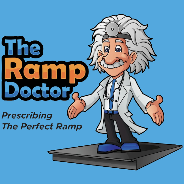 The Ramp Doctor Logo 2 with cartoon doctor standing on ramp